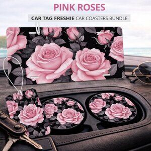 Pink Roses Floral Car Tag Car Freshie Car Coasters Gift Set Bundle